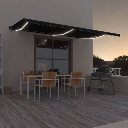 Ръчно прибиращ се сенник с LED, 600x350 см, антрацит