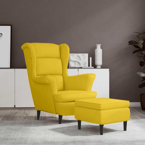 Фотьойл Wingback с табуретка, Горчица жълто, кадифе