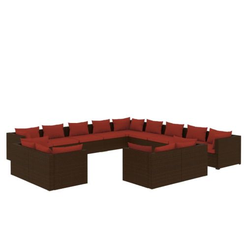 Градински комплект с възглавници 13 части кафяв полиратан
