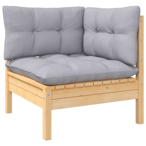 Градински лаундж комплект със сиви възглавници, 9 части, бор