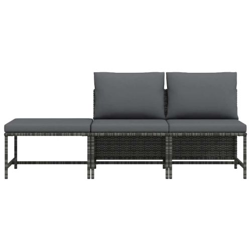 Градински комплект с възглавници, 3 части, сив, полиратан