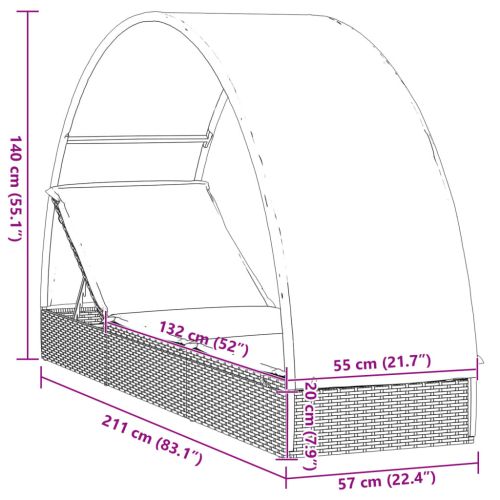 Шезлонг с объл покрив черен 211x57x140 см полиратан
