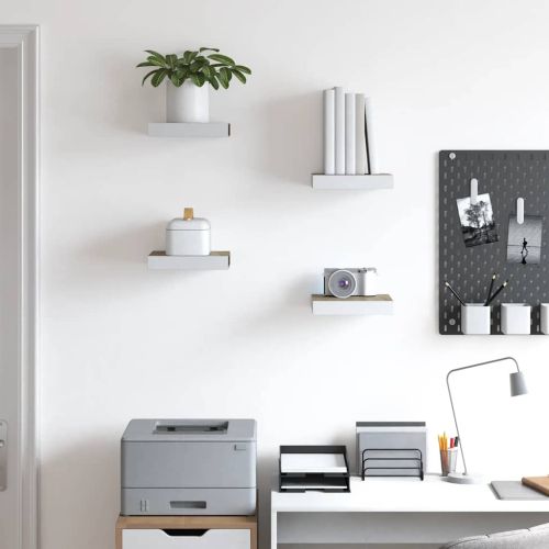 Окачени стенни рафтове, 4 бр, дъб и бял, 23x23,5x3,8 см, МДФ