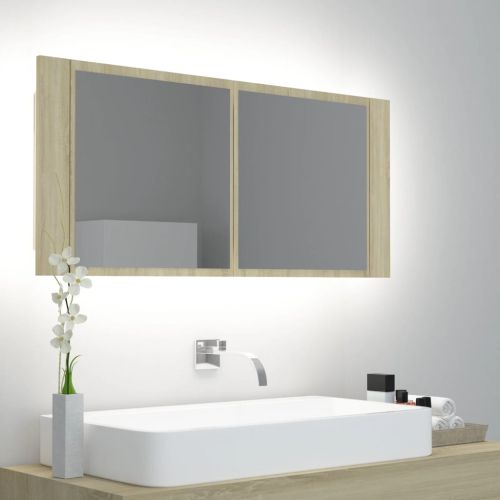 Шкаф с LED огледало за баня, дъб сонома, 100x12x45 см, акрил