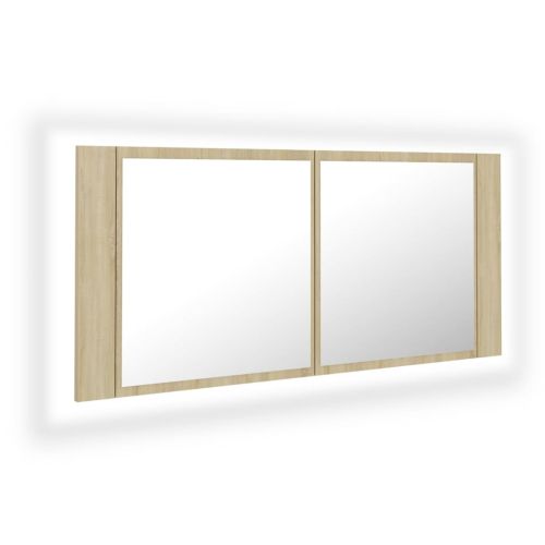 Шкаф с LED огледало за баня, дъб сонома, 100x12x45 см, акрил