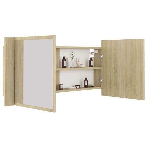 Шкаф с LED огледало за баня, дъб сонома, 100x12x45 см, акрил