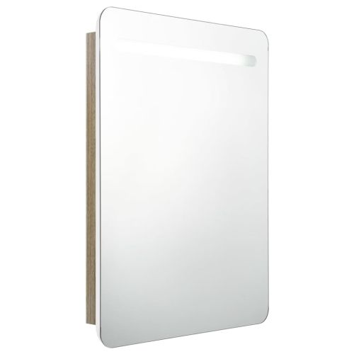 LED шкаф с огледало за баня, бяло и цвят дъб, 60x11x80 см
