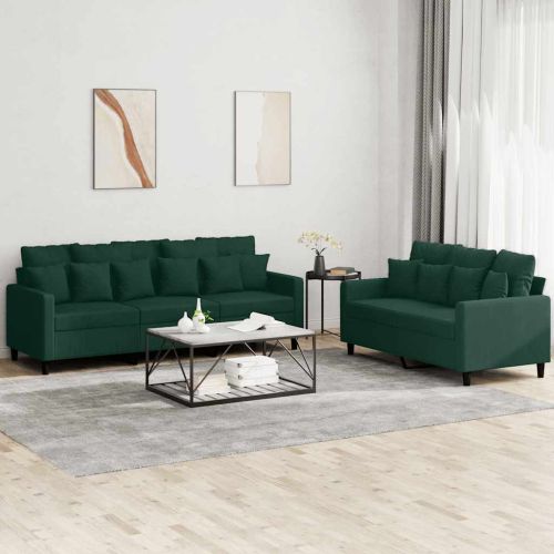 Комплект дивани от 2 части с възглавници, тъмнозелен, кадифе
