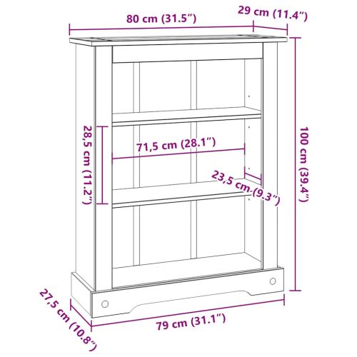 Библиотека с 3 рафта мексикански бор стил Корона 80x29x100 cм