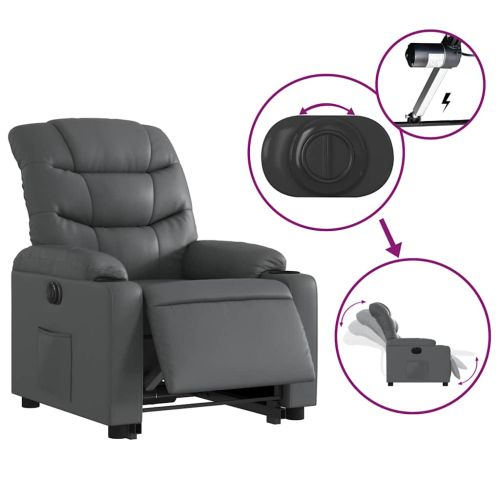 Електрически изправящ реклайнер стол, сив, изкуствена кожа