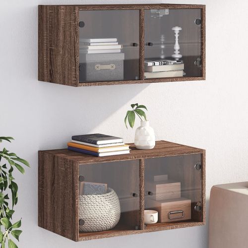Стенни шкафове със стъклени врати 2 бр кафяв дъб 68,5x37x35 см