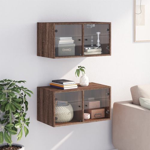 Стенни шкафове със стъклени врати 2 бр кафяв дъб 68,5x37x35 см