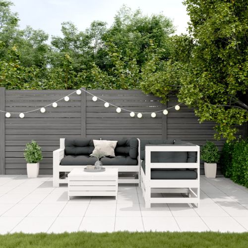 Градински лаундж комплект с възглавници 5 части бял бор масив