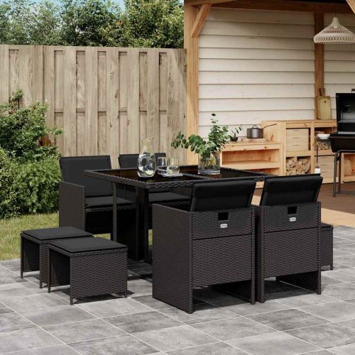 Градински трапезен комплект възглавници 9 части черен полиратан