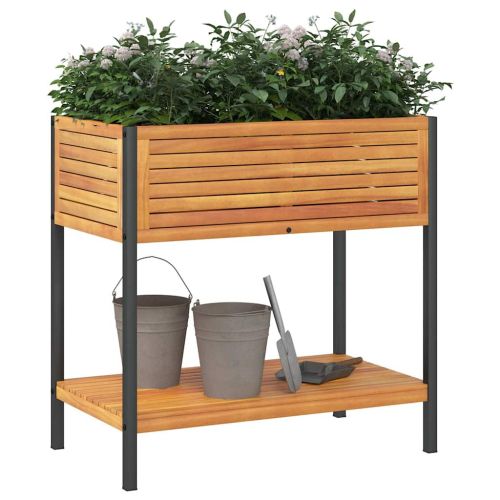 Градинска кашпа с рафт 80x45x80 см масивна акация и стомана