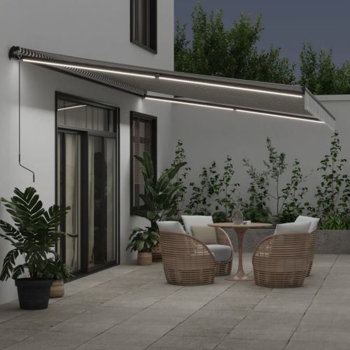 Ръчно прибираща се тента с LED, антрацит и бял, 600x350 см