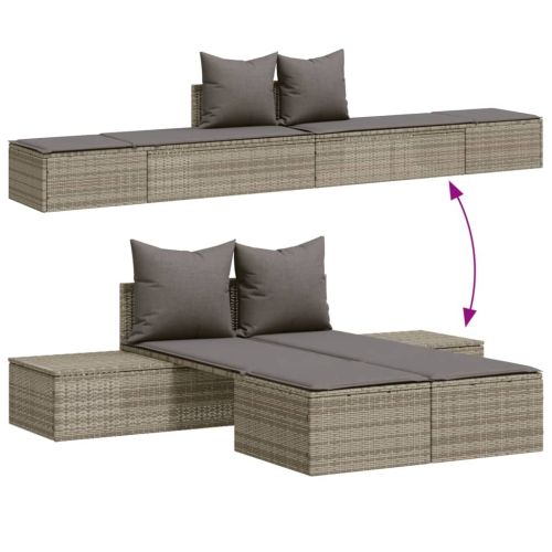 Двоен шезлонг с възглавници, сив, полиратан