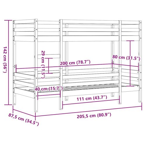 Двуетажно легло, 80x200 см, борово дърво масив