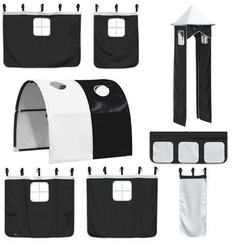 Двуетажно легло с пързалка и завеси, бяло и черно, 90x200 см