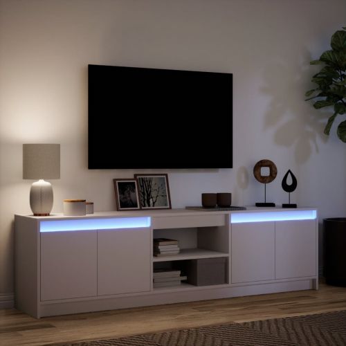 ТВ шкаф с LED, бял, 180x34x50 см, инженерно дърво