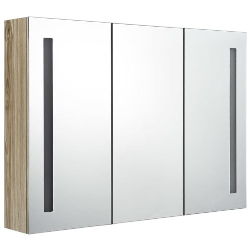 LED шкаф с огледало за баня, 89x14x62 см, цвят дъб
