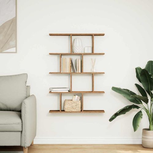 Стенен кубичен рафт, 12 отделения, старо дърво, инженерно дърво