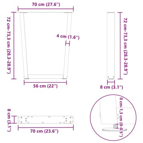 Крака за трапезна маса, V-образни, 3 бр., антрацит, 70x(72-73,3) см, стомана