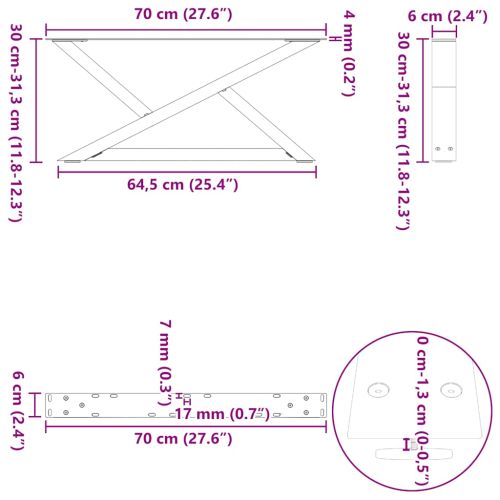 Крака за масичка за кафе, 2 бр., естествена стомана, 70 x (30-31,3) см, стомана
