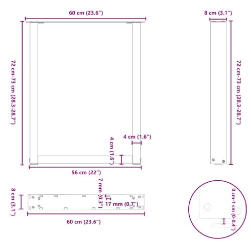 Крака за трапезна маса, U-образни, 2 бр., естествена стомана, 60 x (72-73) см, стомана