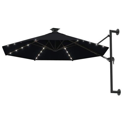 Градински чадър за монтаж на стена, с LED, 300 см, черен