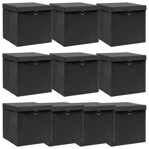 Кутии за съхранение с капаци 10 бр черни 32x32x32 см плат
