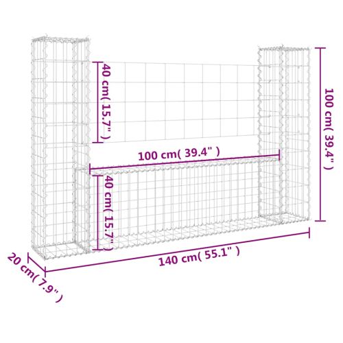 U-образна габионна кошница с 2 стълба, желязо, 140x20x100 см