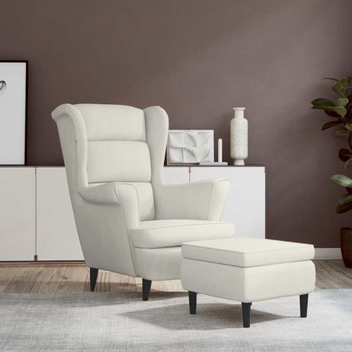 Фотьойл Wingback с табуретка, кремав, кадифе