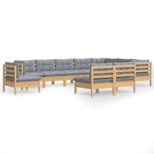 Градински лаундж комплект сиви възглавници 10 части бор масив