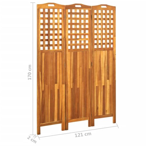 Параван за стая, 3 панела, 121x2x170 cм, акациево дърво масив