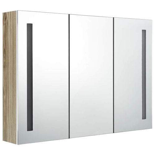 LED шкаф с огледало за баня, 89x14x62 см, бяло и дъб