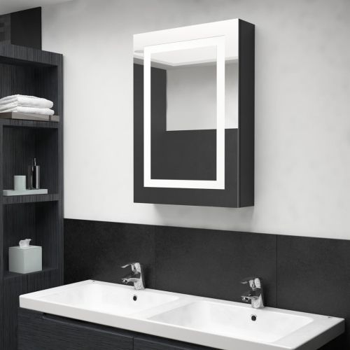 LED шкаф с огледало за баня, сияйно черно, 50x13x70 см