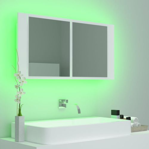 Шкаф с LED огледало за баня, бял, 90x12x45 см, акрил