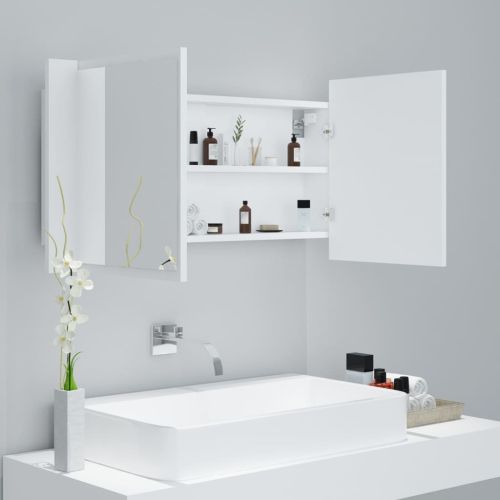 Шкаф с LED огледало за баня, бял, 90x12x45 см, акрил