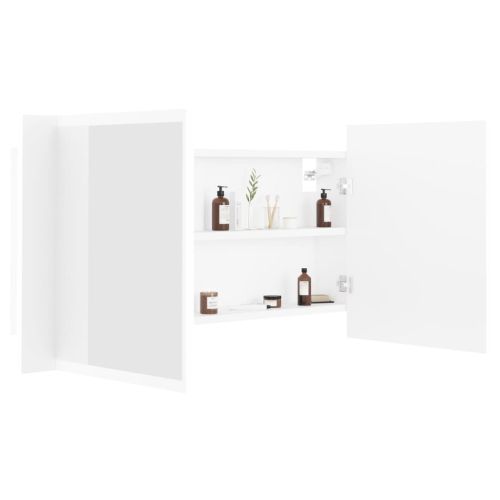 Шкаф с LED огледало за баня, бял, 90x12x45 см, акрил