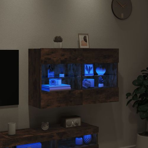 Стенен ТВ шкаф с LED осветление, опушен дъб, 98,5x30x60,5 см
