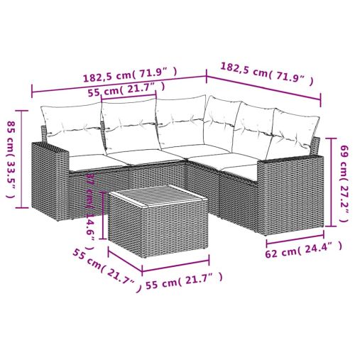 Градински диван с възглавници, 6 части, полиратан, сив