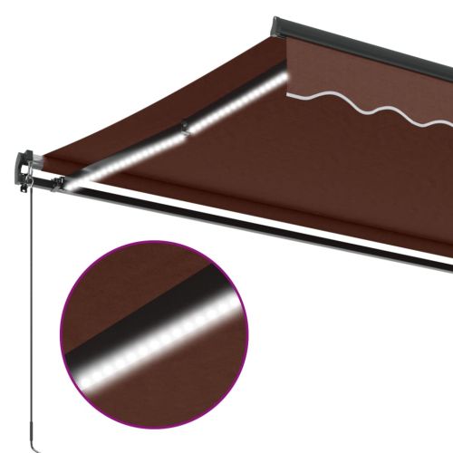 Ръчно прибираща се тента с LED, кафяв, 500x350 см