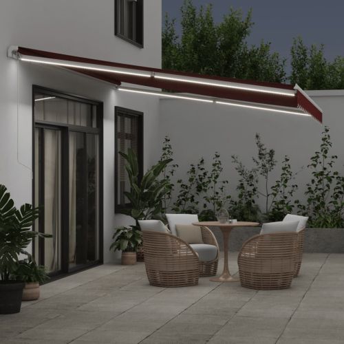 Ръчно прибираща се тента с LED, бордо, 450x350 см