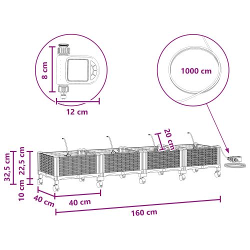 Градинска саксия с напояване и колела 4 бр. Светлосиво ПП