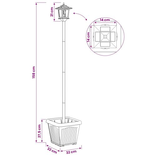 Слънчев стълб с саксия with LED Bulb Черно 32 x 32 x 158 см