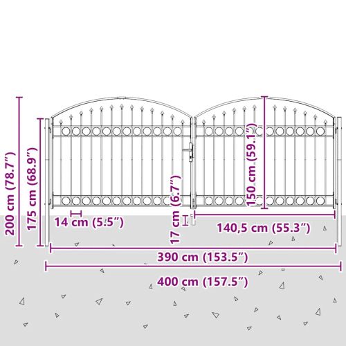 Оградна порта ASSEN с двойна врата с арковиден връх, стомана 400x150 см