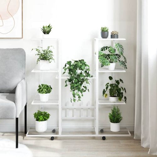 Стойка за цветя на колела 94,5x24,5x91,5 см бяла желязо