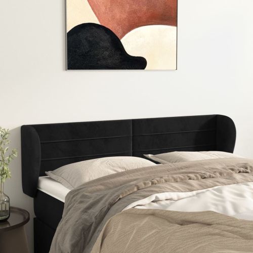 Горна табла за легло с уши, черна, 147x23x78/88 см, кадифе
