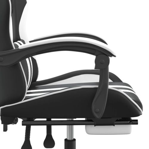 Гейминг стол с опора за крака, черно и бяло, изкуствена кожа
